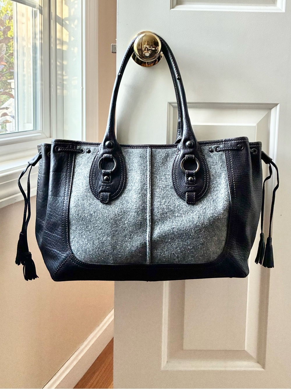 Banana Republic Grey Felt Wool & Pebbled Leather Drawstring Tote Shoulder Bag